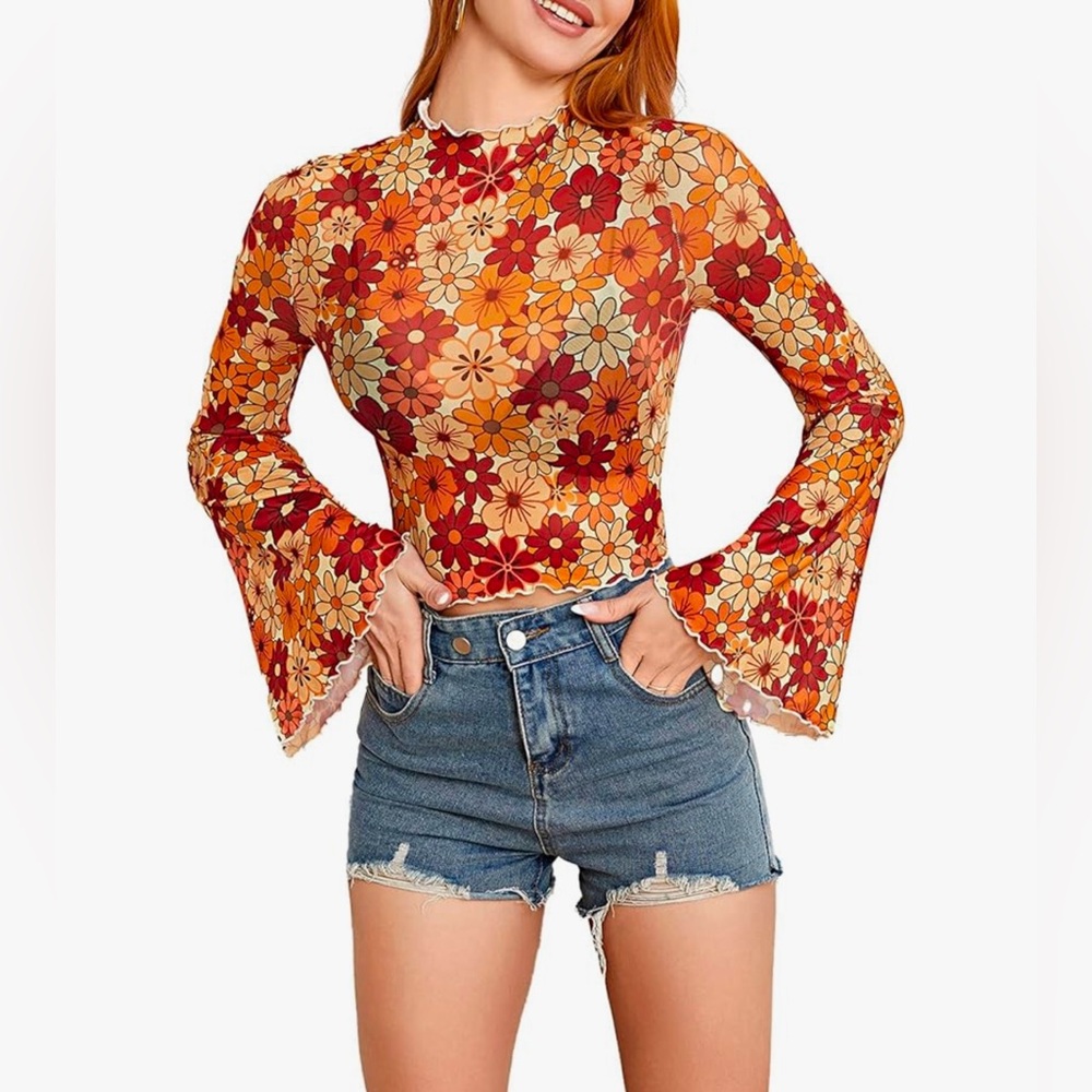 Mesh Floral Mock Neck Crop Top